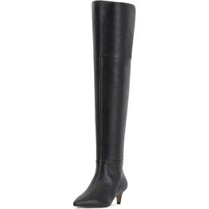 Women Black Pu Thigh High Pointed Toe Kitten Heel Over the Knee Long Boot